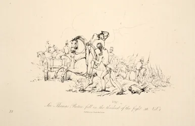 Sir Thomas Picton fiel im Dickicht des Kampfes, veröffentlicht von J. Booth, 1816